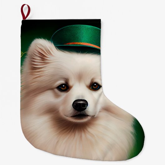 Amerikaanse Eskimo-hond in St. Patrick's Day Dress Grote Kerstsok (Voorkant)
