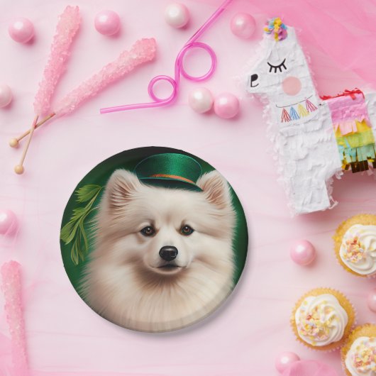 Amerikaanse Eskimo-hond in St. Patrick's Day Dress Papieren Bordje (Feest)