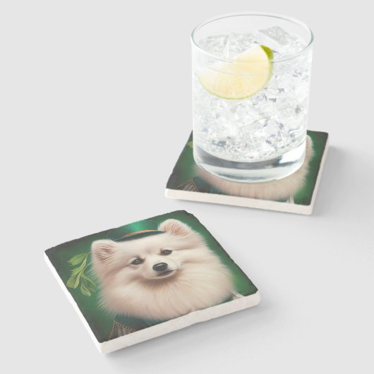 Amerikaanse Eskimo-hond in St. Patrick's Day Dress Stenen Onderzetter (Zijkant)