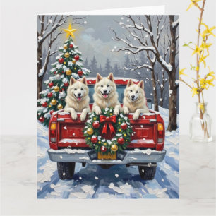 Amerikaanse Eskimo-hond Kerst Rode Truck Vakantie Kaart