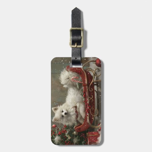 Amerikaanse Eskimo Hond Kerstfeest Bagagelabel (Voorkant verticaal)