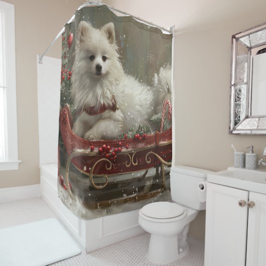 Amerikaanse Eskimo Hond Kerstfeest Douchegordijn (In situ)