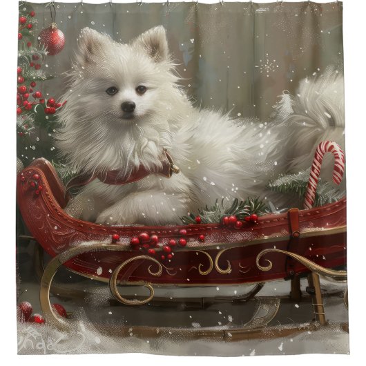 Amerikaanse Eskimo Hond Kerstfeest Douchegordijn (Voorkant)