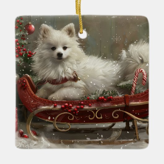 Amerikaanse Eskimo Hond Kerstfeest Keramisch Ornament (Voorkant)