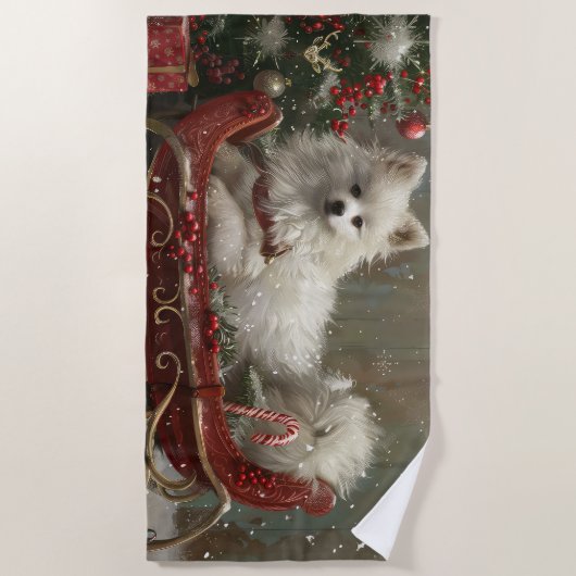 Amerikaanse Eskimo Hond Kerstfeest Strandlaken (Voorkant)