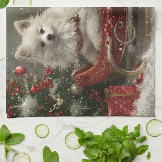 Amerikaanse Eskimo Hond Kerstfeest Theedoek (Gevouwen)