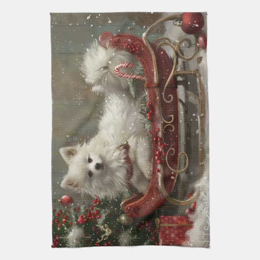 Amerikaanse Eskimo Hond Kerstfeest Theedoek (Verticaal)