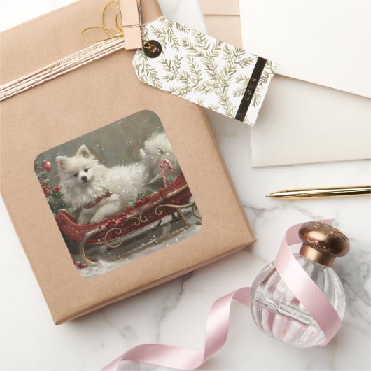 Amerikaanse Eskimo Hond Kerstfeest Vierkante Sticker (Geschenken)