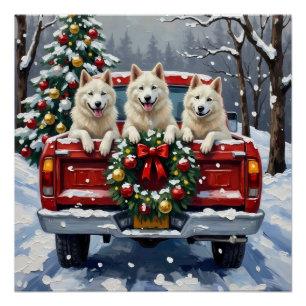 Amerikaanse Eskimo-hond Kerstmis Rode Truck Vakant Perfect Poster