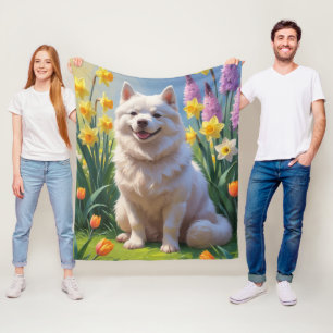 Amerikaanse Eskimo-hond lente bloemen schilderij Fleece Deken