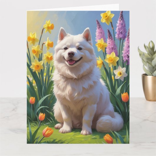 Amerikaanse Eskimo-hond lente bloemen schilderij Kaart (Kleine Plant)