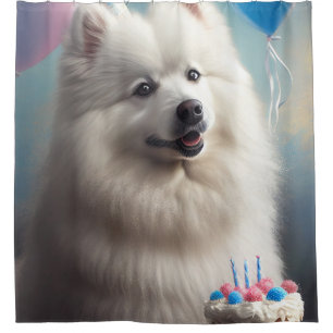 Amerikaanse eskimo hond met ballonnen verjaardag douchegordijn
