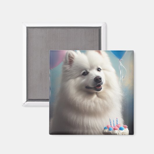 Amerikaanse eskimo-hond met ballonnen verjaardag magneet (Voorkant / Achterkant)