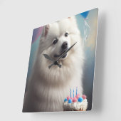 Amerikaanse eskimo-hond met ballonnen verjaardag vierkante klok (Hoek)