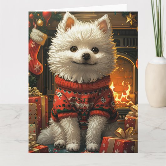 Amerikaanse Eskimo hond met kerstcadeaus open haar Kaart (Voorkant)