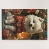 Amerikaanse Eskimo hond met kerstcadeaus open haar Legpuzzel (Horizontaal)