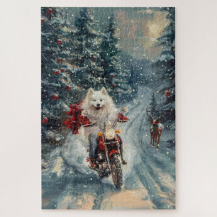 Amerikaanse Eskimo-hond rijdt op motorfiets met Ke Legpuzzel
