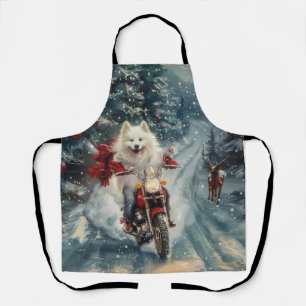 Amerikaanse Eskimo-hond rijdt op motorfiets met Ke Schort