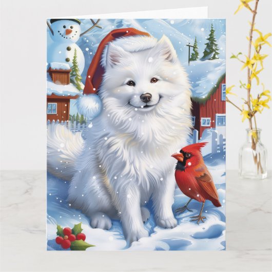 Amerikaanse Eskimo Hond Winter Wonderland Kerstmis Kaart (Gele Bloem)