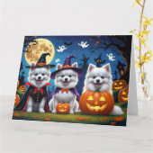 Amerikaanse Eskimo-honden Pompoen Halloween Grappi Kaart (Gele Bloem)