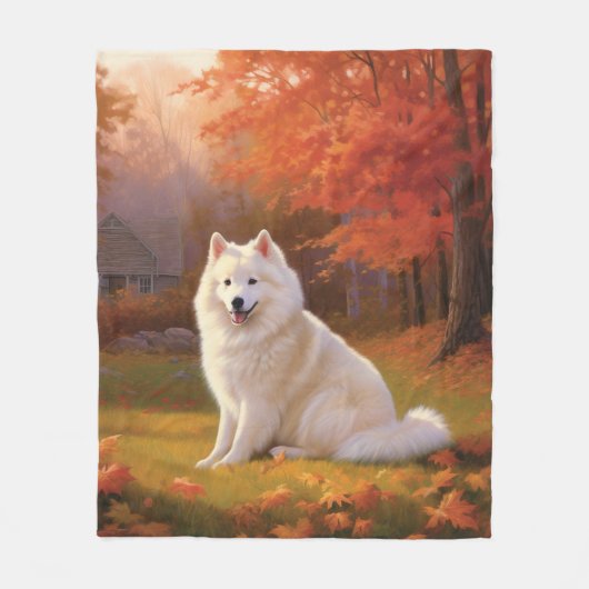 Amerikaanse Eskimo in herfstbladeren Herfst geïnsp Fleece Deken (Voorkant)