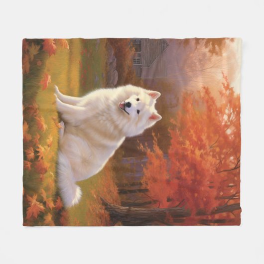 Amerikaanse Eskimo in herfstbladeren Herfst geïnsp Fleece Deken (Voorkant (Horizontaal))