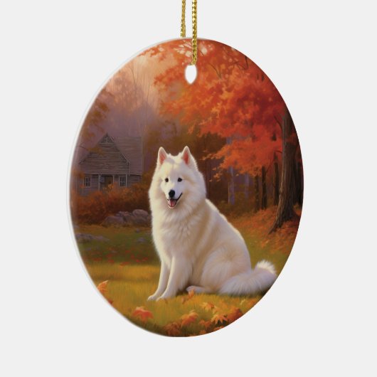 Amerikaanse Eskimo in herfstbladeren Herfst geïnsp Keramisch Ornament (Rechts)