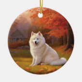 Amerikaanse Eskimo in herfstbladeren Herfst geïnsp Keramisch Ornament (Voorkant)