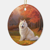 Amerikaanse Eskimo in herfstbladeren Herfst geïnsp Keramisch Ornament (Links)