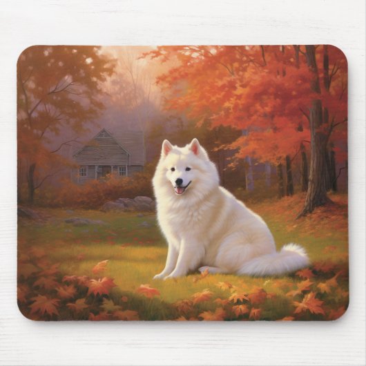 Amerikaanse Eskimo in herfstbladeren Herfst geïnsp Muismat (Voorkant)