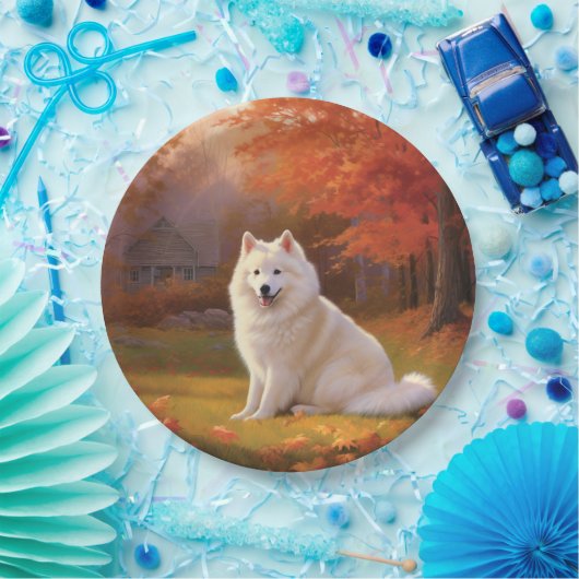 Amerikaanse Eskimo in herfstbladeren Herfst geïnsp Papieren Bordje (Feest)