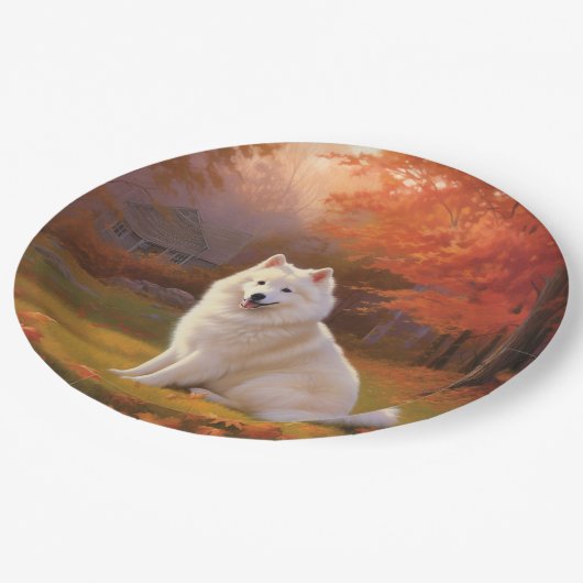 Amerikaanse Eskimo in herfstbladeren Herfst geïnsp Papieren Bordje (Gekanteld)