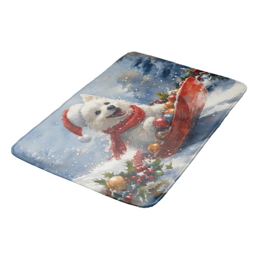 Amerikaanse Eskimo in Sledge Laat het Sneeuw Kerst Badmat (Gekanteld)