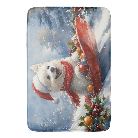 Amerikaanse Eskimo in Sledge Laat het Sneeuw Kerst Badmat (Voorkant Verticaal)