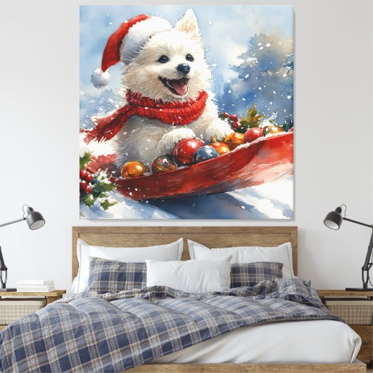 Amerikaanse Eskimo in Sledge Laat het Sneeuw Kerst Canvas Afdruk (Insitu (Slaapkamer))
