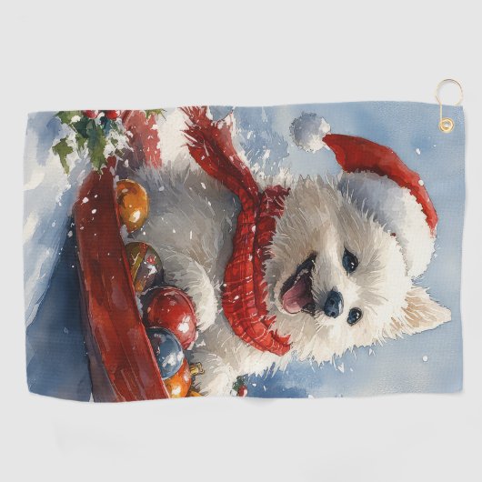 Amerikaanse Eskimo in Sledge Laat het Sneeuw Kerst Golfhanddoek (Horizontaal)