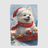 Amerikaanse Eskimo in Sledge Laat het Sneeuw Kerst Golfhanddoek (Voorkant)