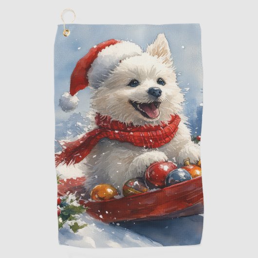 Amerikaanse Eskimo in Sledge Laat het Sneeuw Kerst Golfhanddoek (Voorkant)