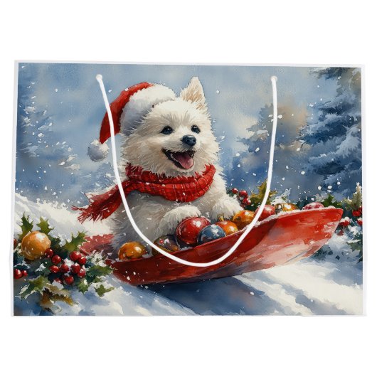 Amerikaanse Eskimo in Sledge Laat het Sneeuw Kerst Groot Cadeauzakje (Achterkant)