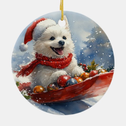 Amerikaanse Eskimo in Sledge Laat het Sneeuw Kerst Keramisch Ornament (Achterkant)