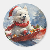 Amerikaanse Eskimo in Sledge Laat het Sneeuw Kerst Magneet (Voorkant)
