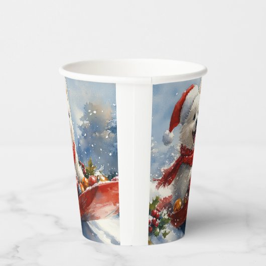 Amerikaanse Eskimo in Sledge Laat het Sneeuw Kerst Papieren Bekers (Rechts)