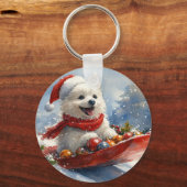Amerikaanse Eskimo in Sledge Laat het Sneeuw Kerst Sleutelhanger (Achterkant)