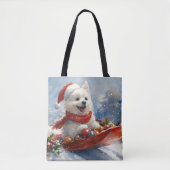 Amerikaanse Eskimo in Sledge Laat het Sneeuw Kerst Tote Bag (Voorkant)