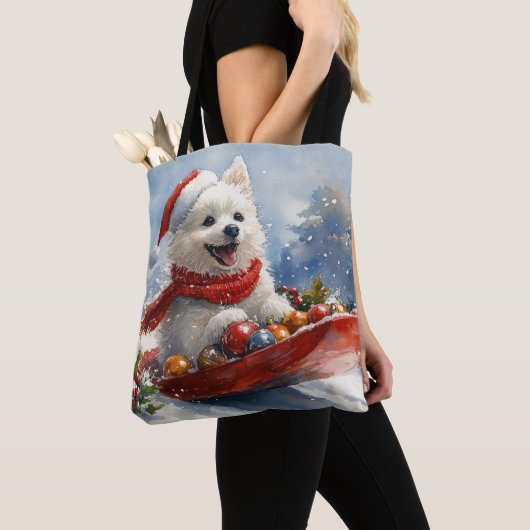 Amerikaanse Eskimo in Sledge Laat het Sneeuw Kerst Tote Bag (Dichtbij)