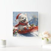 Amerikaanse Eskimo in Sledge Laat het Sneeuw Kerst Vierkante Klok (Huis)