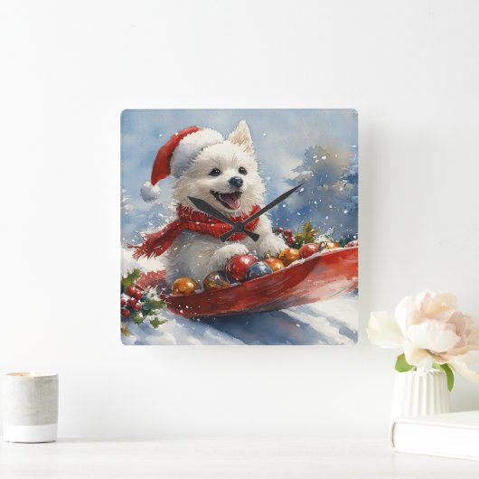 Amerikaanse Eskimo in Sledge Laat het Sneeuw Kerst Vierkante Klok (Huis)