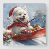 Amerikaanse Eskimo in Sledge Laat het Sneeuw Kerst Vierkante Klok (Voorkant)