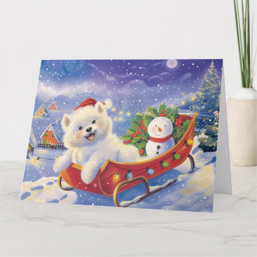 Amerikaanse Eskimo in Sleigh Snow Kerstmis Kaart (Voorkant)