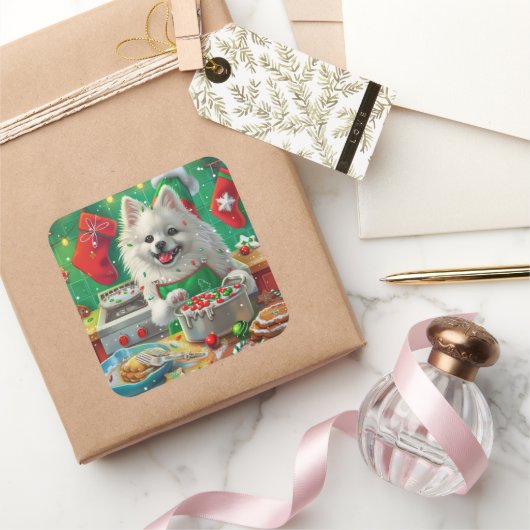 Amerikaanse Eskimo Kerstbakfeest: Festive Kerstmis Vierkante Sticker (Geschenken)